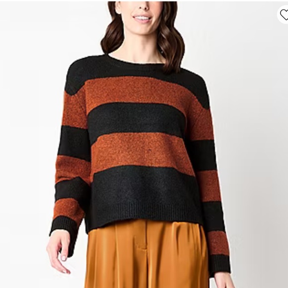 NWT Worthington Black Bronze Wave Striped Crew Neck Long Sleeve Sweater Top Sz S - Picture 1 of 13